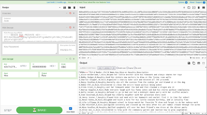 AES-CBC decryption of the naughty-nice CSV file