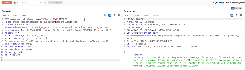 Initial SQL Injection proof of concept in the userAvailable request